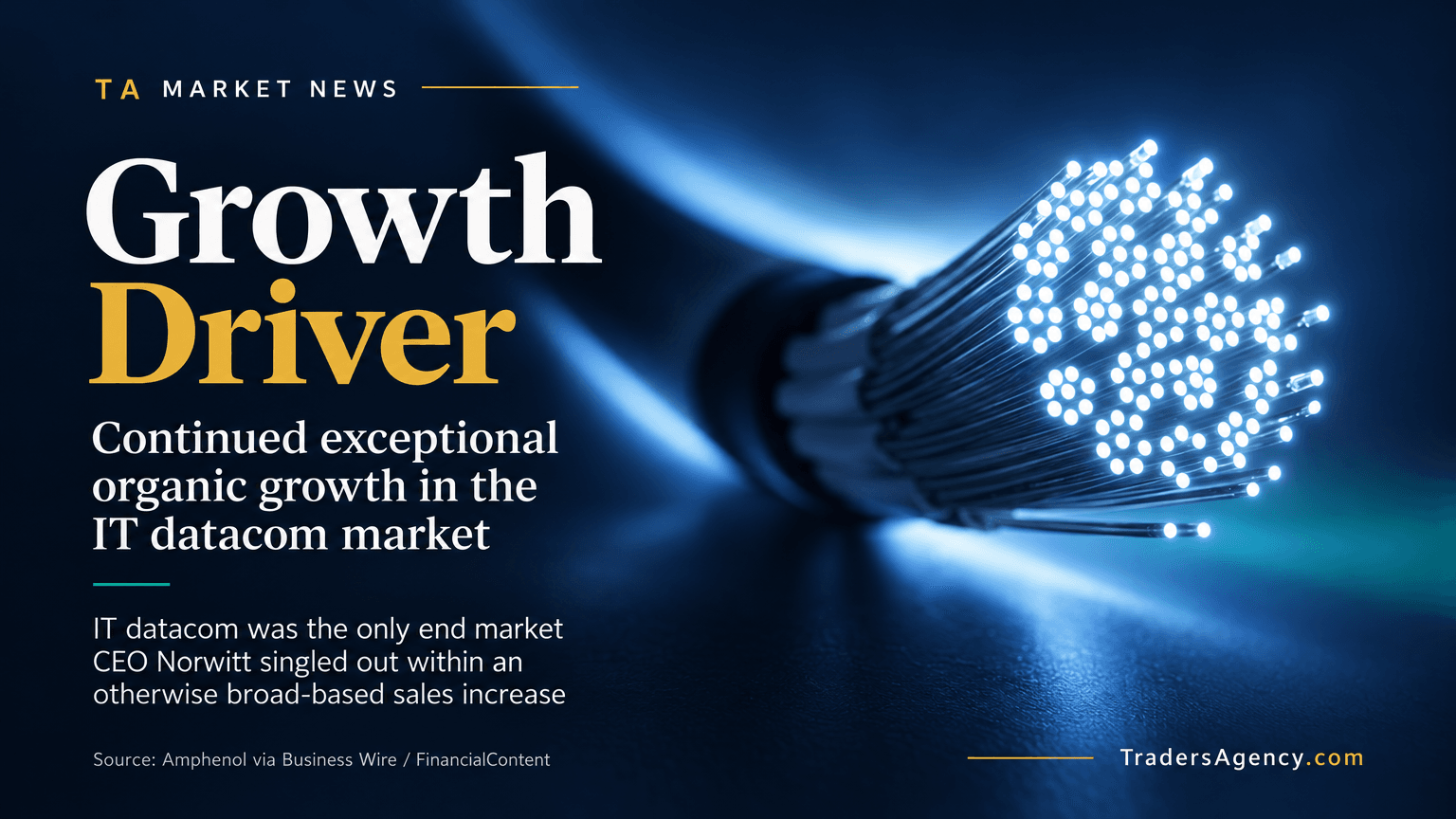 Glowing fiber-optic cable ends representing IT datacom demand cited as a key growth driver