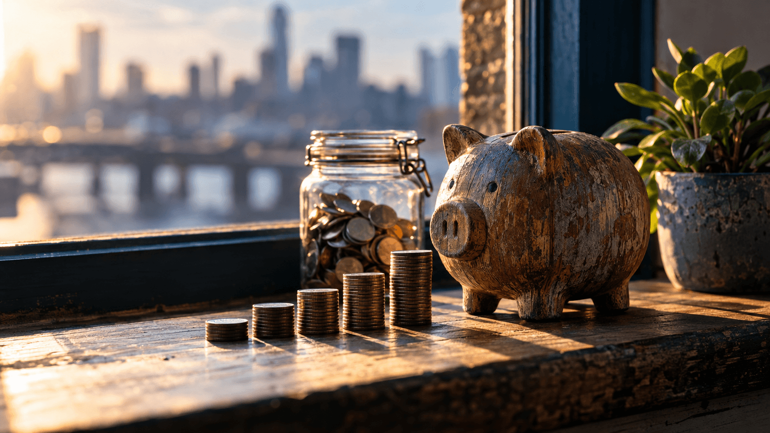 A weathered wooden piggy bank sits on a sunlit windowsill beside a small potted succulent, with a neat stack of coins arranged in ascending rows leading toward it.