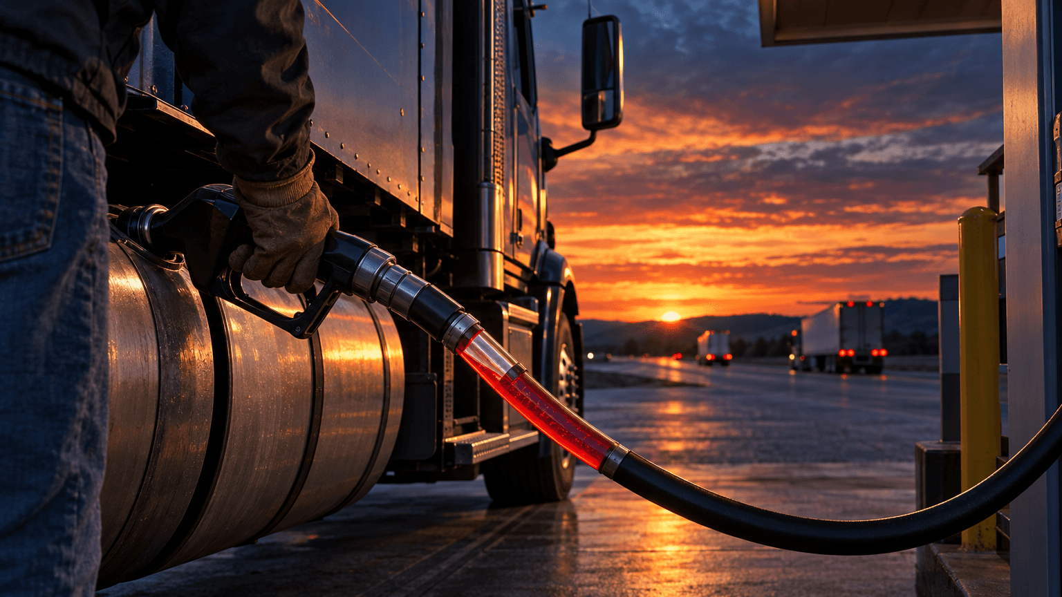 A truck driver's gloved hand holds a fuel nozzle dispensing red-tinted diesel into a semi-truck at a highway fuel stop during sunset, with an open interstate stretching into the distance.