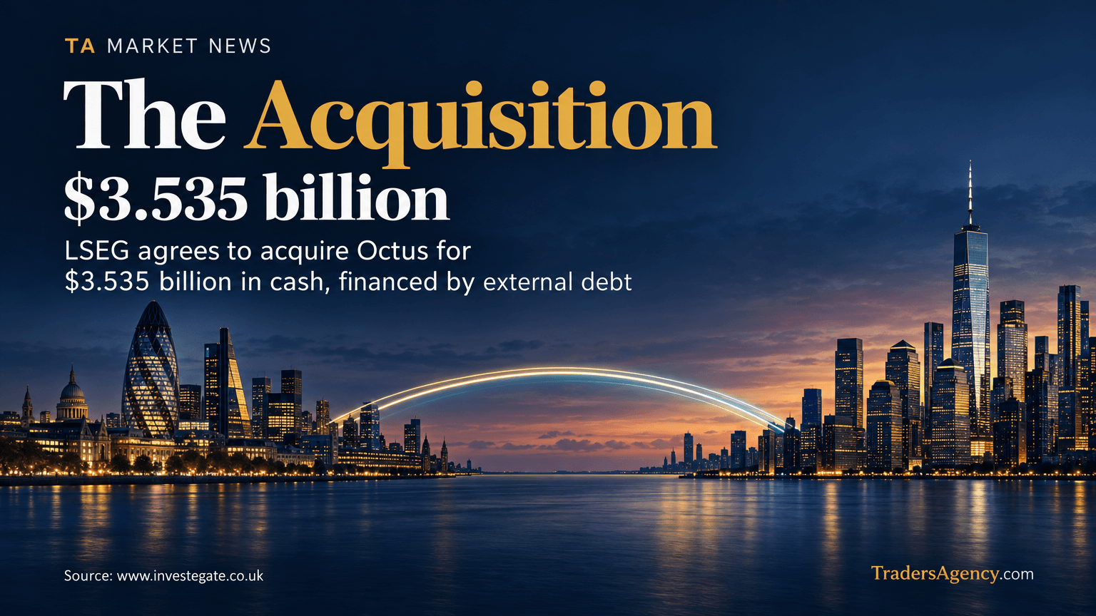 Illustration of London and New York financial towers connected by a bridge of light symbolizing the LSEG-Octus acquisition