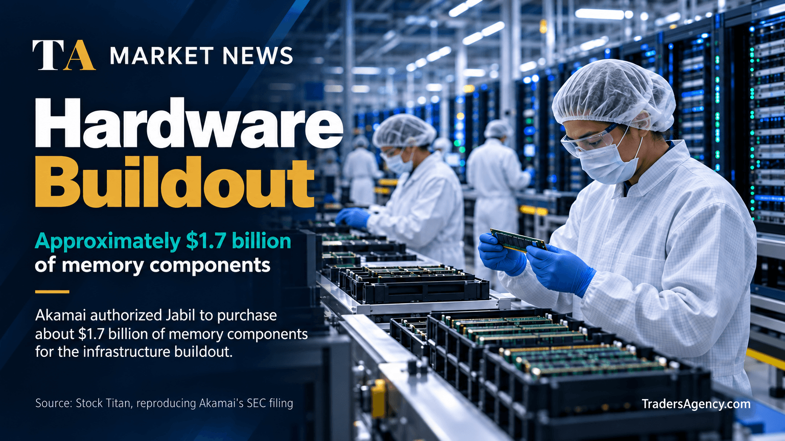 Technicians handling memory component hardware in a manufacturing facility, illustrating the $1.7 billion Jabil purchase authorization.