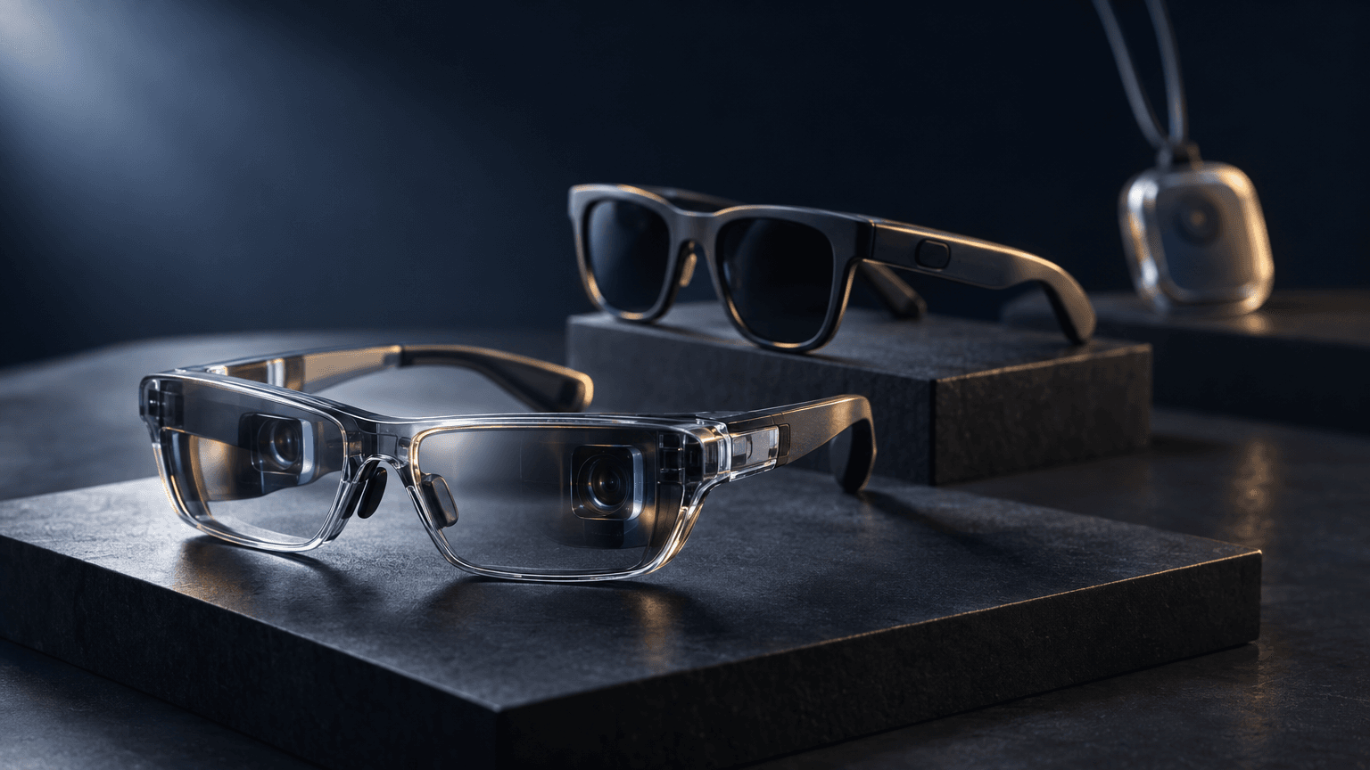 Studio product photograph of translucent VR glasses, slim audio eyewear, and a pendant device on a lanyard arranged on a dark surface with soft studio lighting.