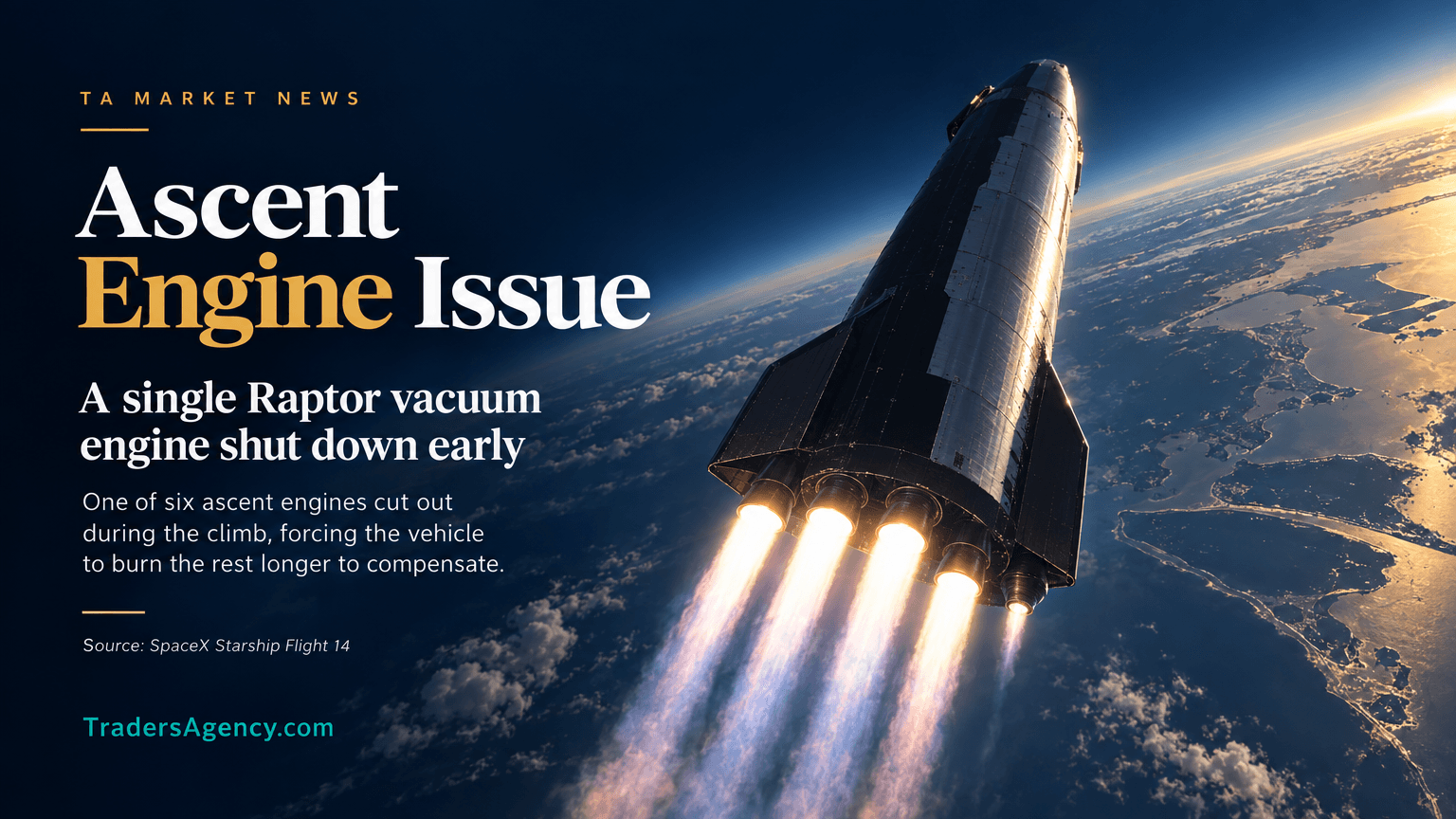 Starship rocket ascending through the upper atmosphere with one engine plume appearing dimmer than the others.