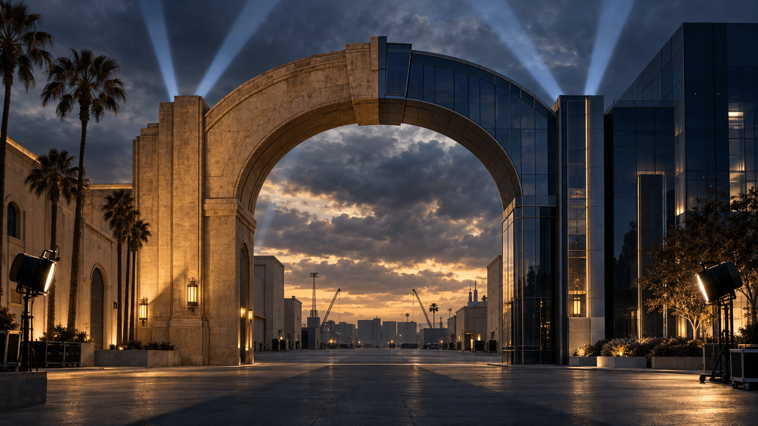 A grand studio gate formed from the fusion of a classic stone soundstage facade and a modern glass media tower, casting one unified shadow across an empty backlot at dusk, symbolizing two media giants merging into a single company.