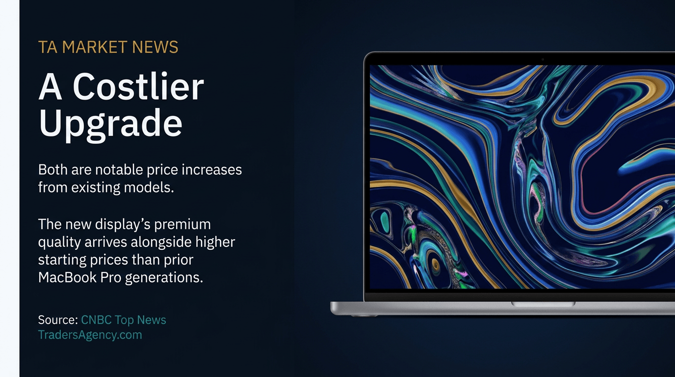 A laptop screen displays a vivid abstract colorful image, representing the new premium display paired with higher prices.
