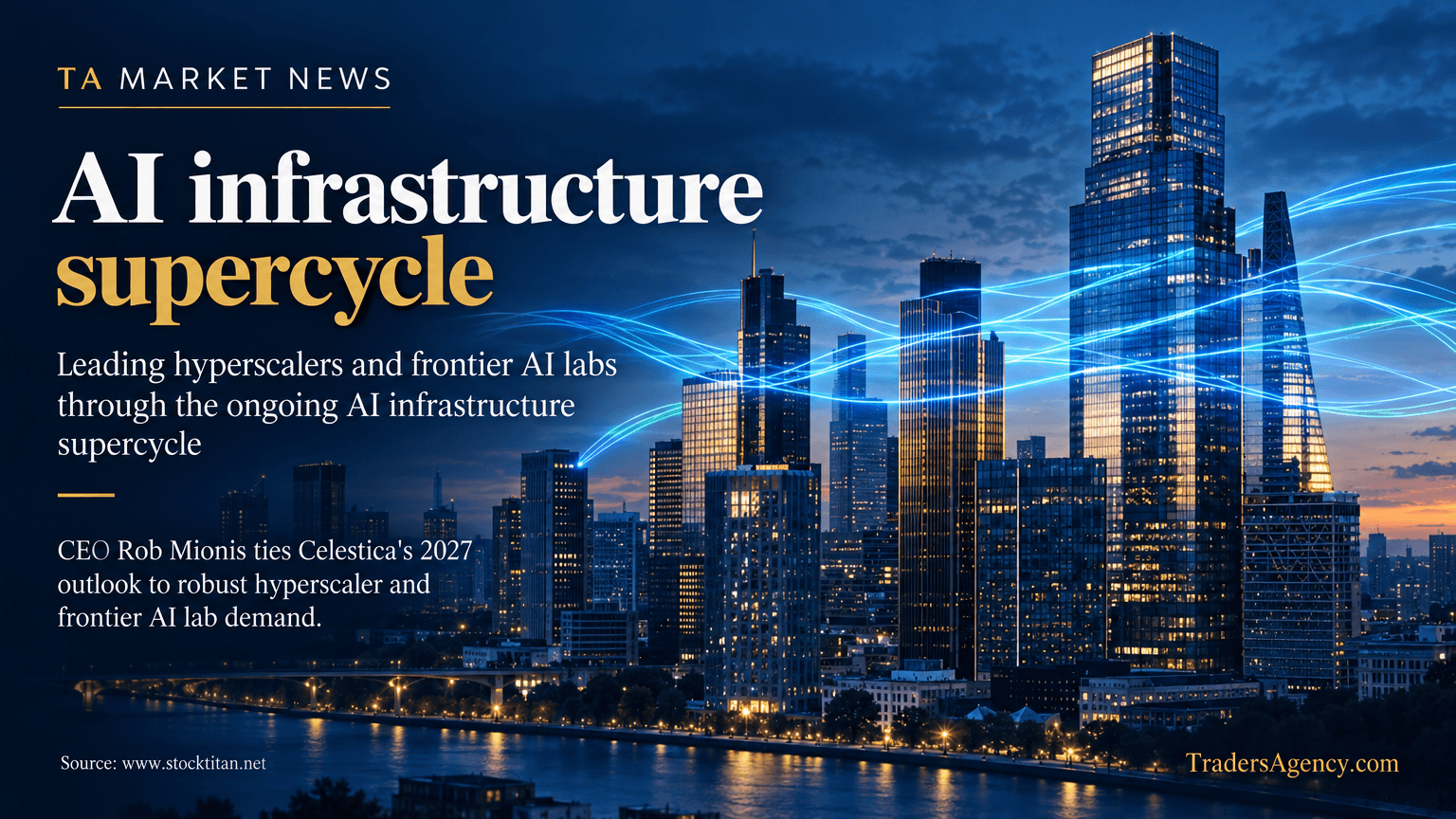 Editorial skyline scene with glowing data connections symbolizing hyperscaler and AI infrastructure demand referenced in CEO commentary.