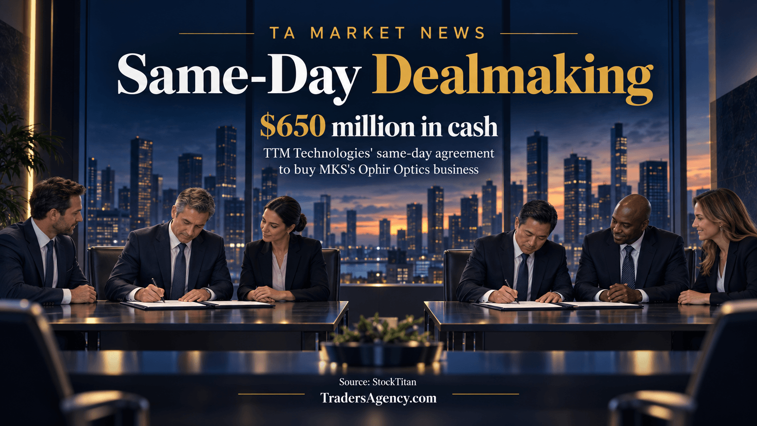 Illustration of executives in a boardroom finalizing a separate acquisition deal on the same day the Merck KGaA–Silence Therapeutics agreement was announced.