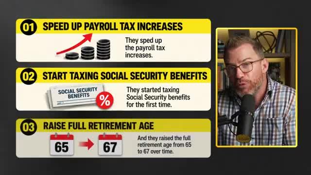 Infographic listing three 1983 Social Security reforms: speeding up payroll tax increases, taxing Social Security benefits, and raising full retirement age from 65 to 67