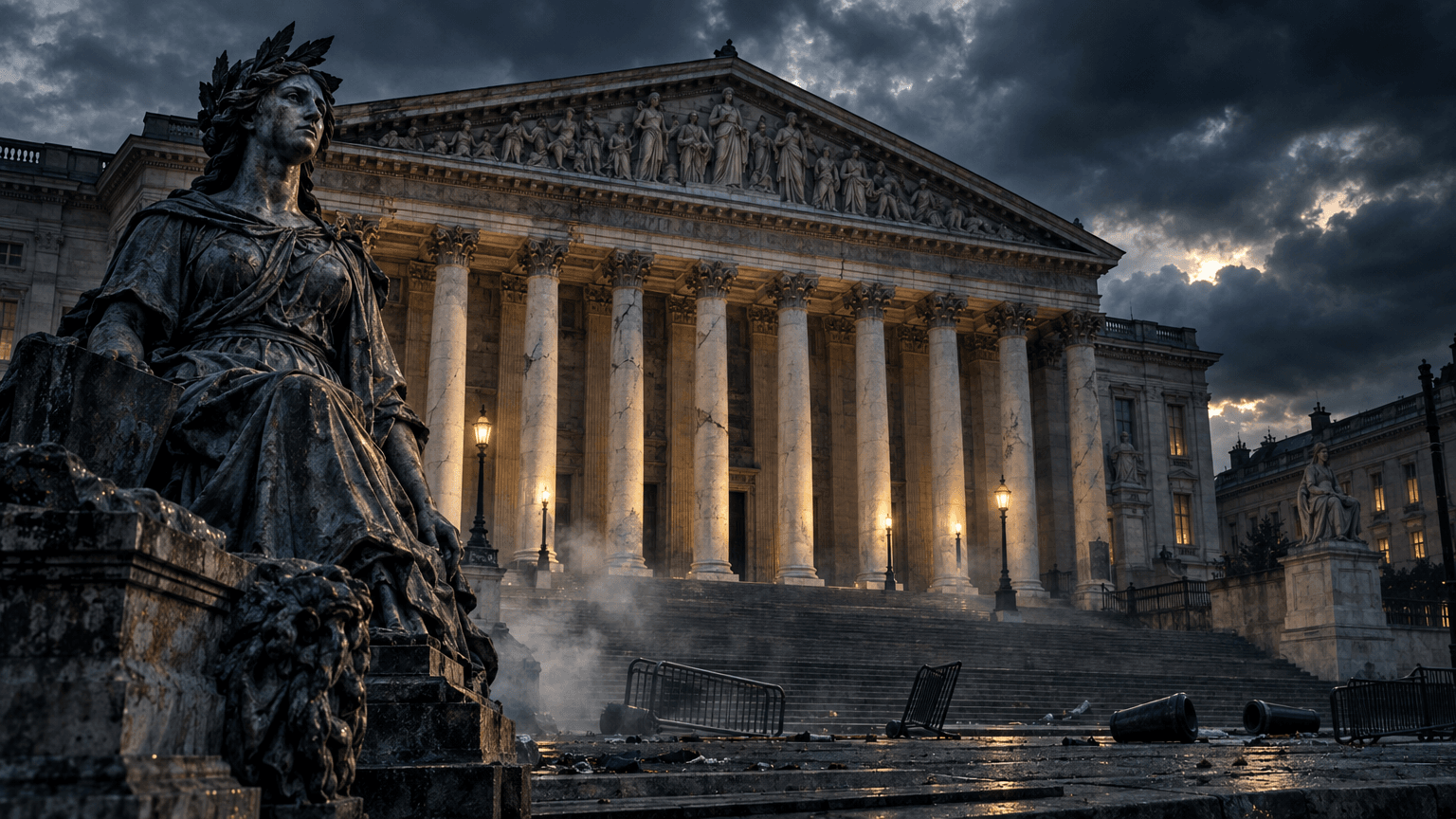 A grand, weathered French government building at dusk under a stormy sky, with cracked columns, lingering smoke, and scattered barricades suggesting recent unrest and political strain.