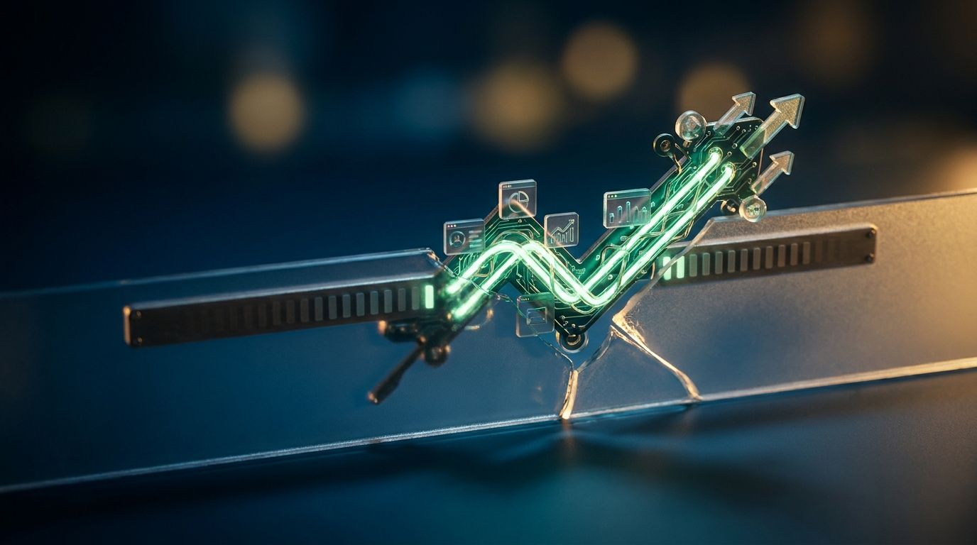 A sleek stock chart breaking upward through a resistance line, rendered in glowing neon green against a dark background, with smaller software company icons or nodes clustered together forming the breakout pattern. The visual emphasizes the contrast between a struggling giant (shown as a dim, flat line) and a group of smaller, brighter stocks surging upward together. The overall composition conveys hidden momentum and overlooked opportunity, with the breakout moment dramatically illuminated at t