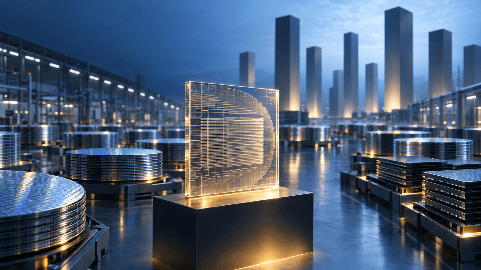 A cleanroom fabrication hall with stacked semiconductor wafers on a dark floor, and a single illuminated glass slab etched with wafer-layer patterns displayed on a pedestal, surrounded by blurred pillar silhouettes suggesting an evaluation process.