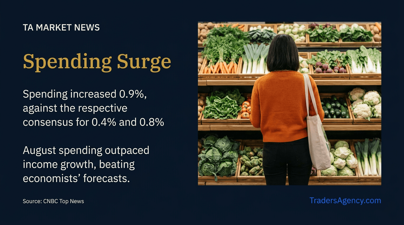 A shopper browsing fresh produce in a grocery store aisle, illustrating stronger-than-expected consumer spending.
