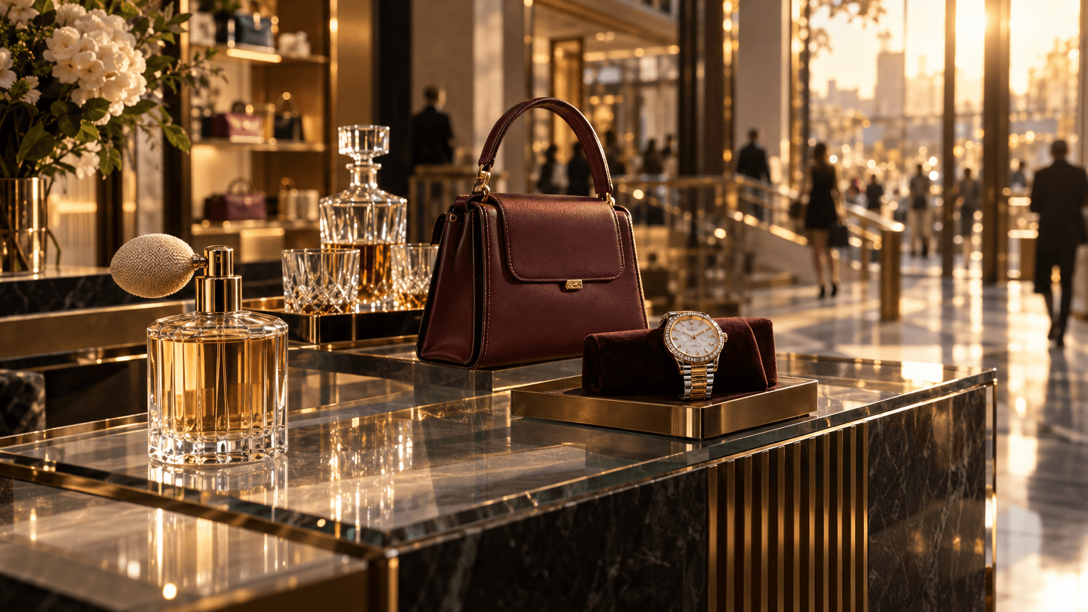A warmly lit luxury boutique interior with a glass counter displaying a perfume bottle, crystal glasses, a leather handbag, and a jeweled watch, evoking the varied divisions of a global luxury group amid a backdrop of a softly blurred retail atrium.