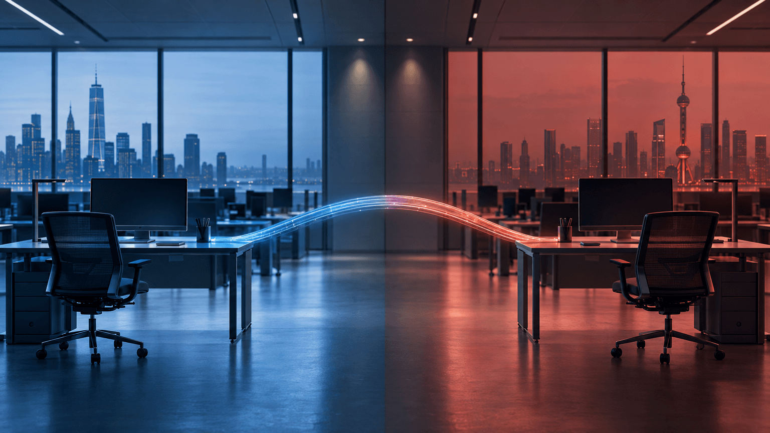 A single open-plan office split in two lighting tones, cool blue on one side and muted red on the other, connected by a glowing fiber-optic cable crossing an unmarked center line, symbolizing cross-border data and operational ties.