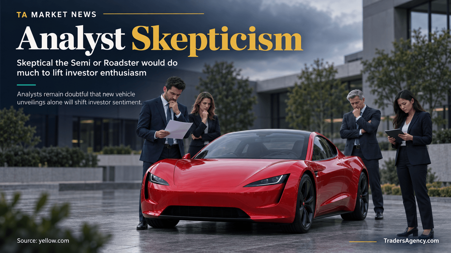 Illustration of analysts skeptically reviewing notes near a showcased red sports car.