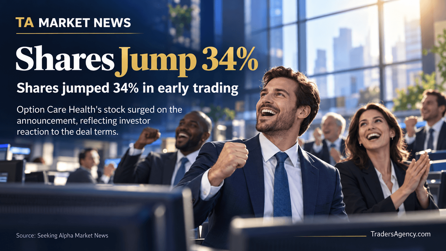 Business professionals on a trading floor reacting to news of a sharp stock price increase.