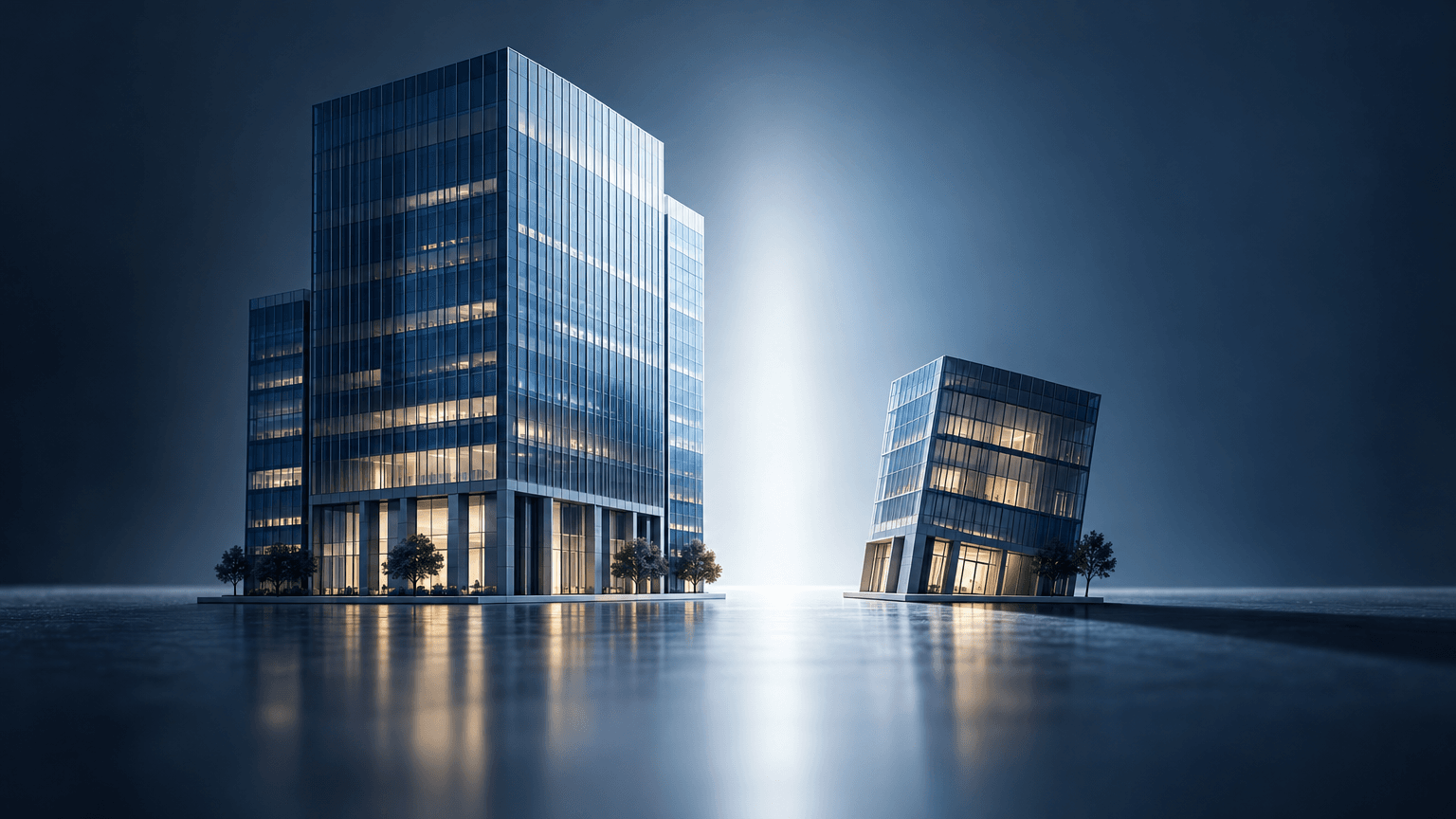 Two abstract architectural models on a reflective surface pulling apart from each other, symbolizing a large company separating into two independent entities.