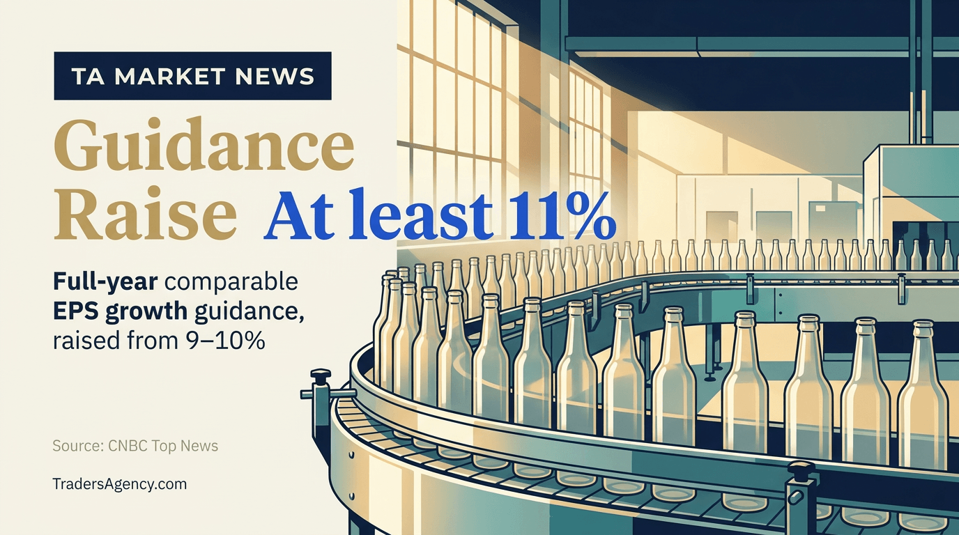 Illustration of a bottling production line symbolizing Coca-Cola's raised full-year EPS growth guidance of at least 11%.