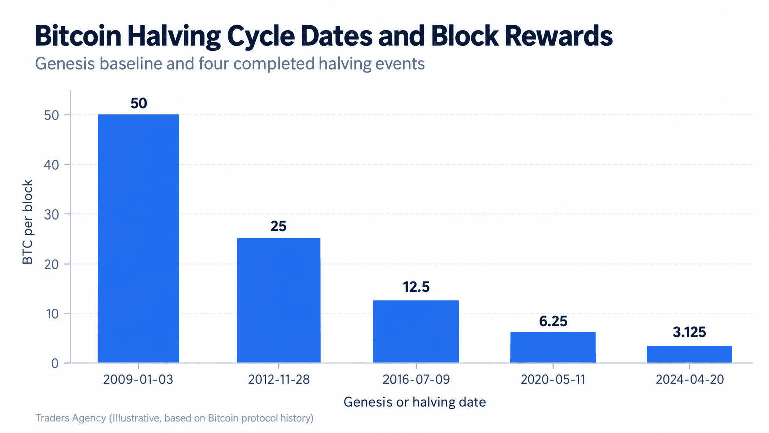 Bar chart showing Bitcoin's block reward declining from 50 BTC at launch to 3.125 BTC after the 2024 halving