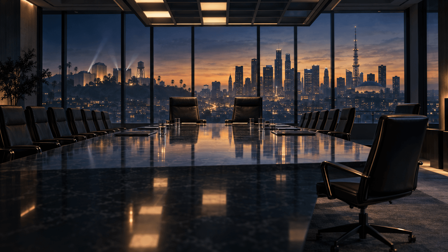 A dim, grand boardroom with two prominent chairs at the head of a long table, rows of chairs receding into shadow, and a city skyline merging two silhouettes visible through the windows, symbolizing a corporate leadership restructuring.