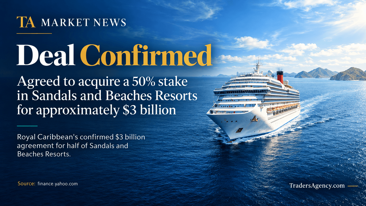 A cruise ship at sea representing Royal Caribbean's confirmed $3 billion, 50% stake acquisition in Sandals and Beaches Resorts.