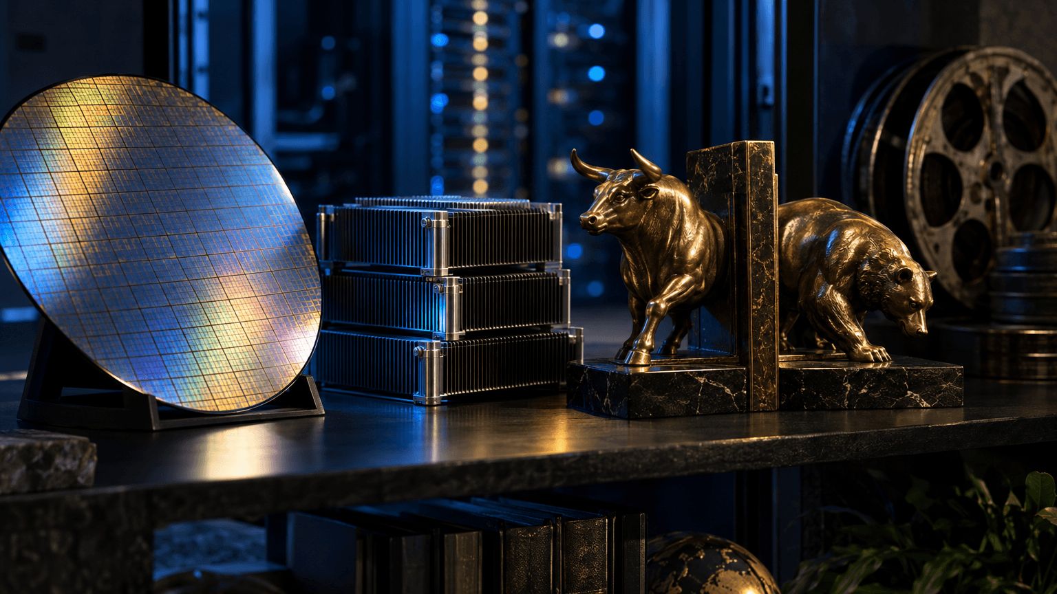 A close-up still life on a trading-desk shelf: a polished silicon wafer and a small stack of matte server-rack heat sinks arranged beside a brass bull-and-bear bookend, lit by cool blue-white light suggesting data-center infrastructure.