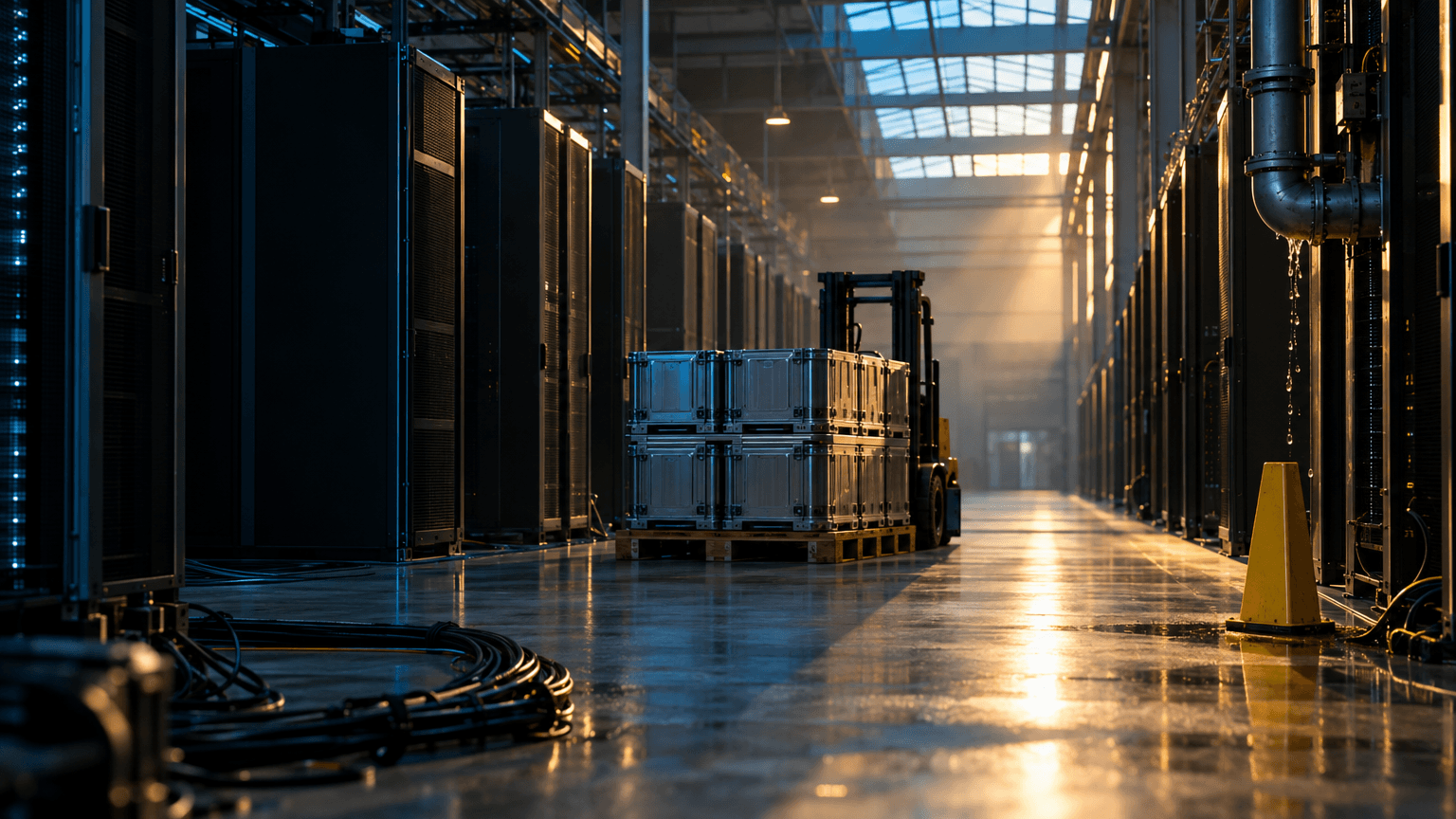 A single empty data-center warehouse at dawn: endless rows of dark steel server racks stretch into the distance, cables coiled on the polished concrete floor, a lone forklift pallet of unopened silver chip crates parked mid-aisle, and overh
