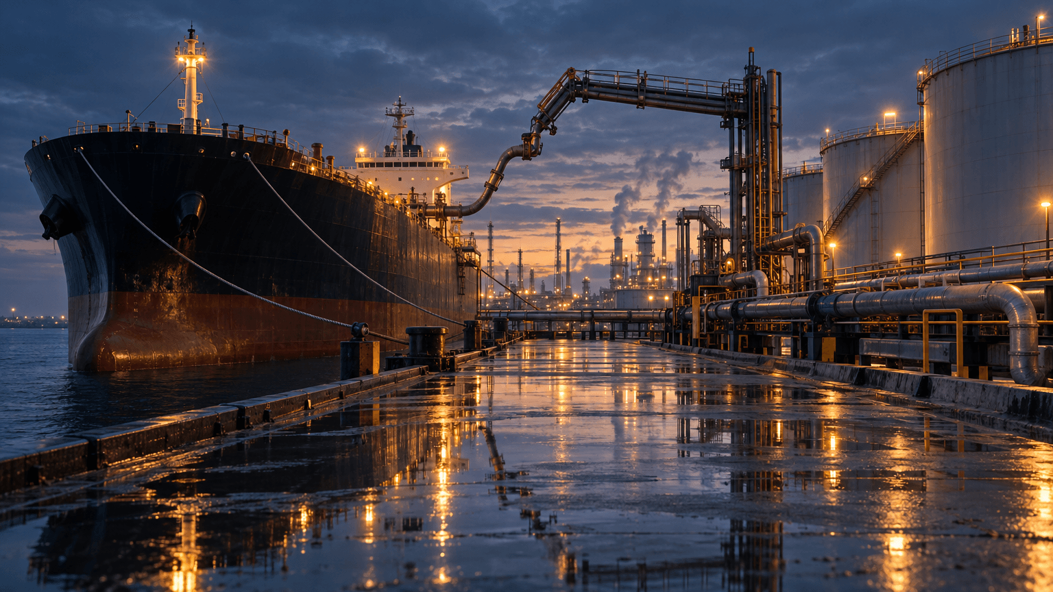 A large tanker ship moored at an industrial dockside terminal, connected by loading pipes to diesel storage tanks, with refinery stacks faintly visible in the hazy distance at dusk.