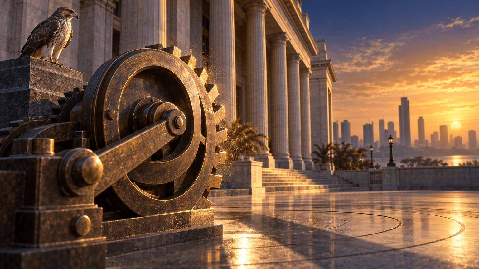 A grand stone central-bank facade at dawn with a bronze gear mechanism shown advancing by a single notch, a hawk perched nearby, symbolizing a measured, calibrated interest rate increase.