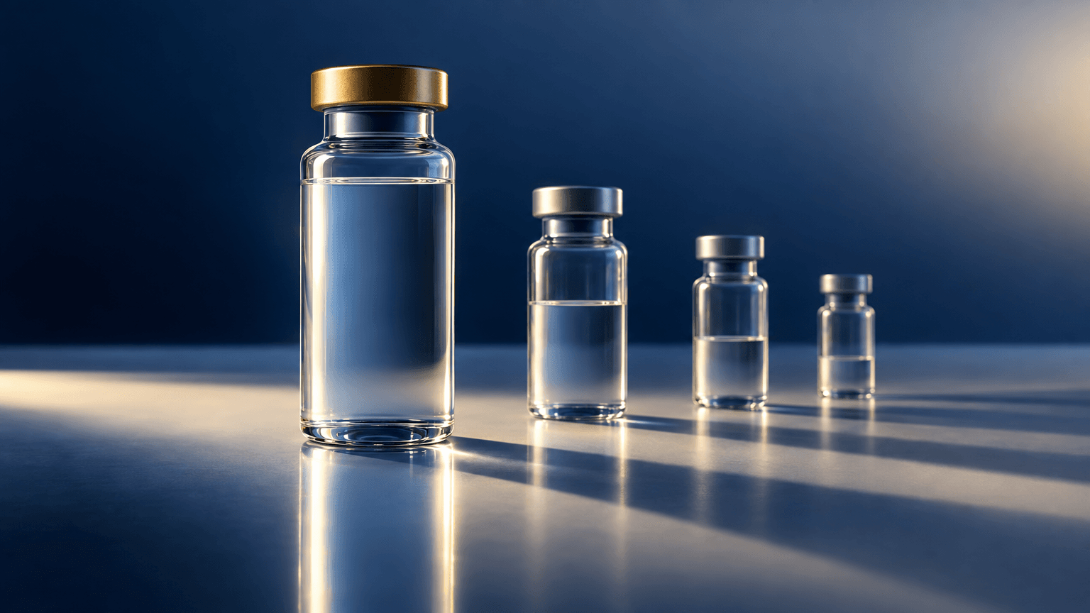 Minimalist still life of pharmaceutical vials with varying liquid levels under dramatic side lighting, symbolizing sustained versus declining performance.