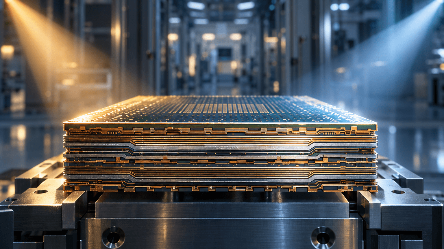 Macro cross-section view of a multilayer semiconductor substrate panel on a factory jig, lit by two converging light sources, with a blurred cleanroom fabrication facility in the background.