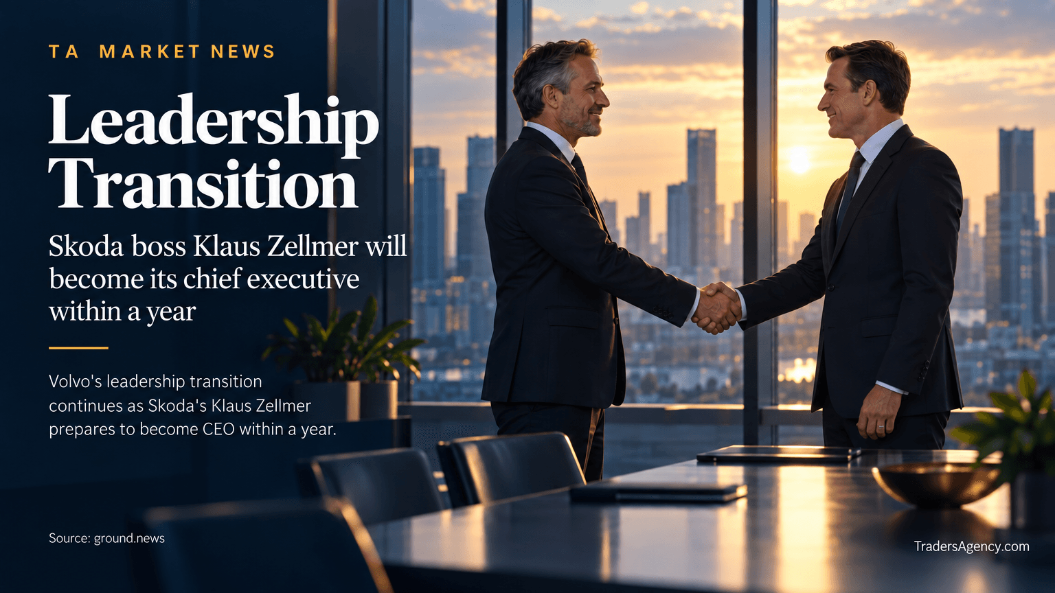 Two executives shaking hands in a boardroom, symbolizing Volvo's upcoming CEO transition.