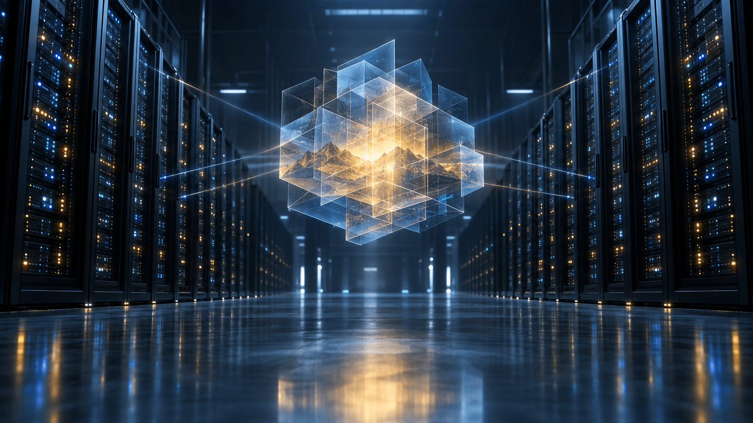 A wide data-center hall with rows of server racks and light beams converging on a glowing abstract geometric form floating in the central aisle, symbolizing the acquisition of an AI world-model startup.
