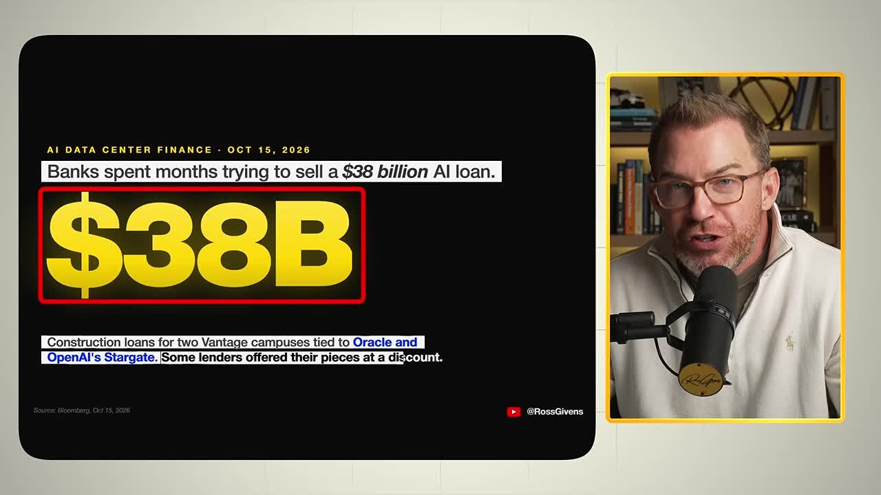 Stat overlay showing $38 billion AI loan for Oracle and OpenAI's Stargate data centers