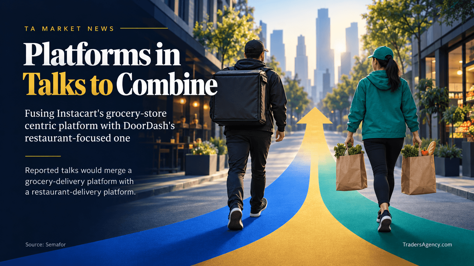 Illustration of two delivery couriers, one with groceries and one with food, converging on a city street.