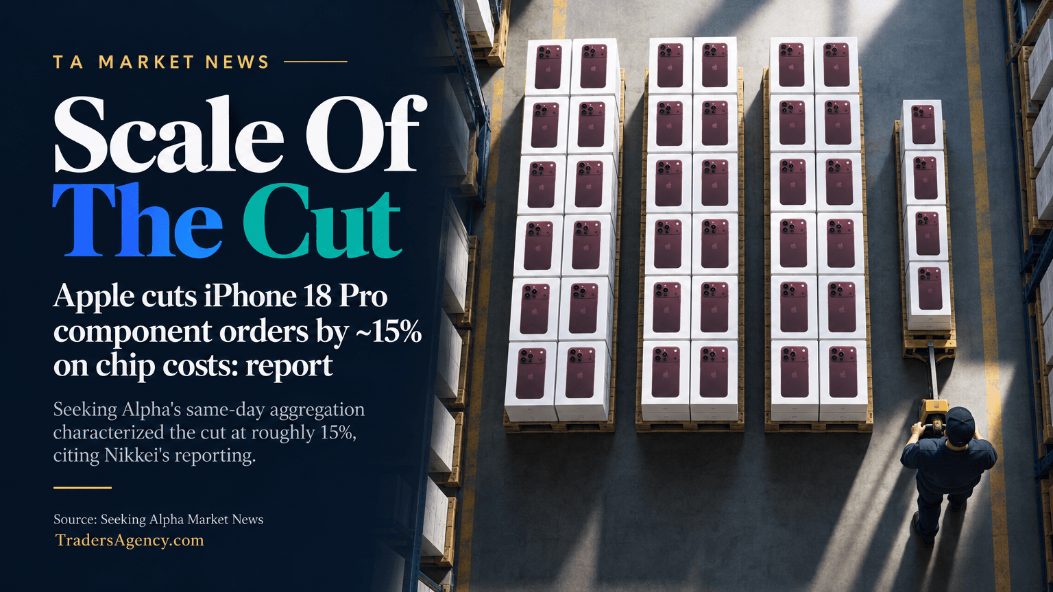 Illustration of a warehouse with a visibly thinner row of plain smartphone boxes, representing a reported order reduction.
