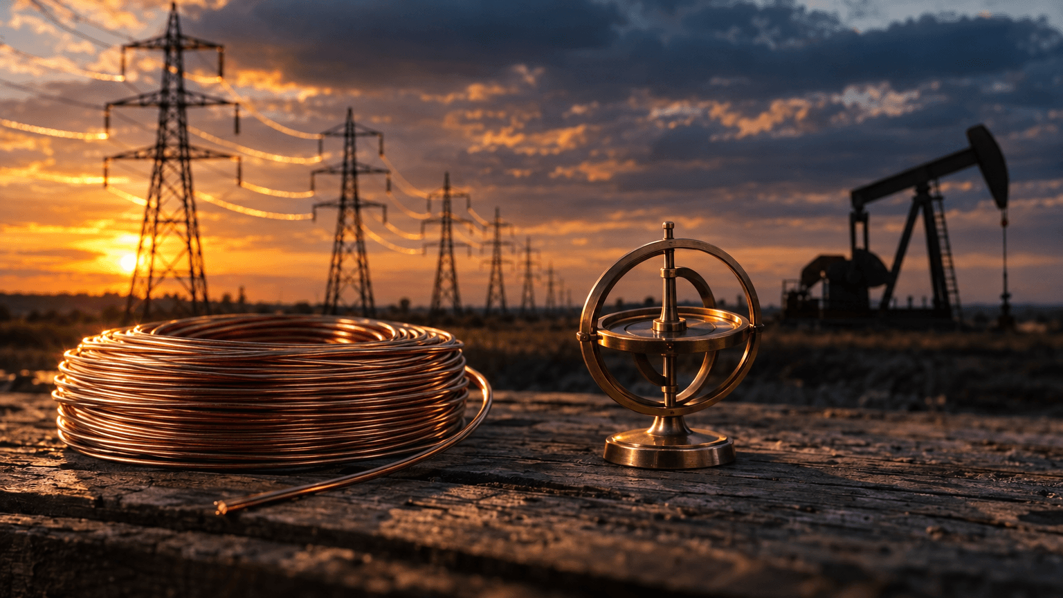 A row of transmission towers stands calm beneath a wide dusk sky, their steel lattices catching the last warm light, while in the distance an oil pump-jack sits idle against darkening clouds.