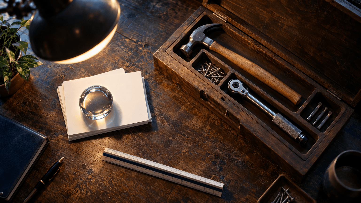 A top-down shot on a worn wooden desk: a wooden toolbox lies open, its compartments holding a hammer, a few loose screws, and a small torque wrench, each tool resting in its own molded slot.