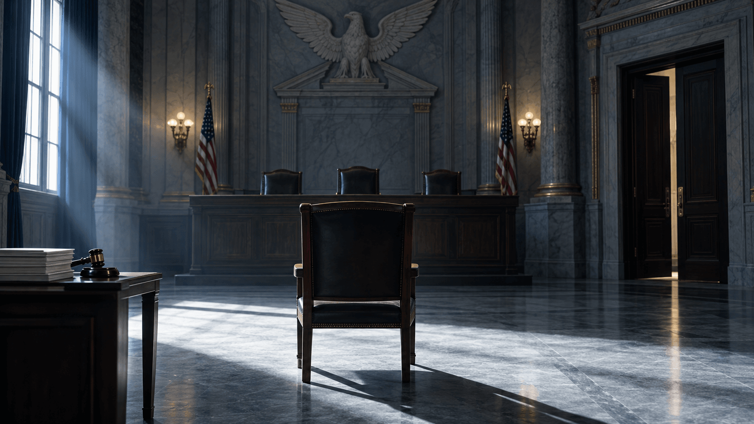 An empty chair faces three chairs arranged opposite it in a formal, shadowed chamber, evoking a closed-door institutional hearing.