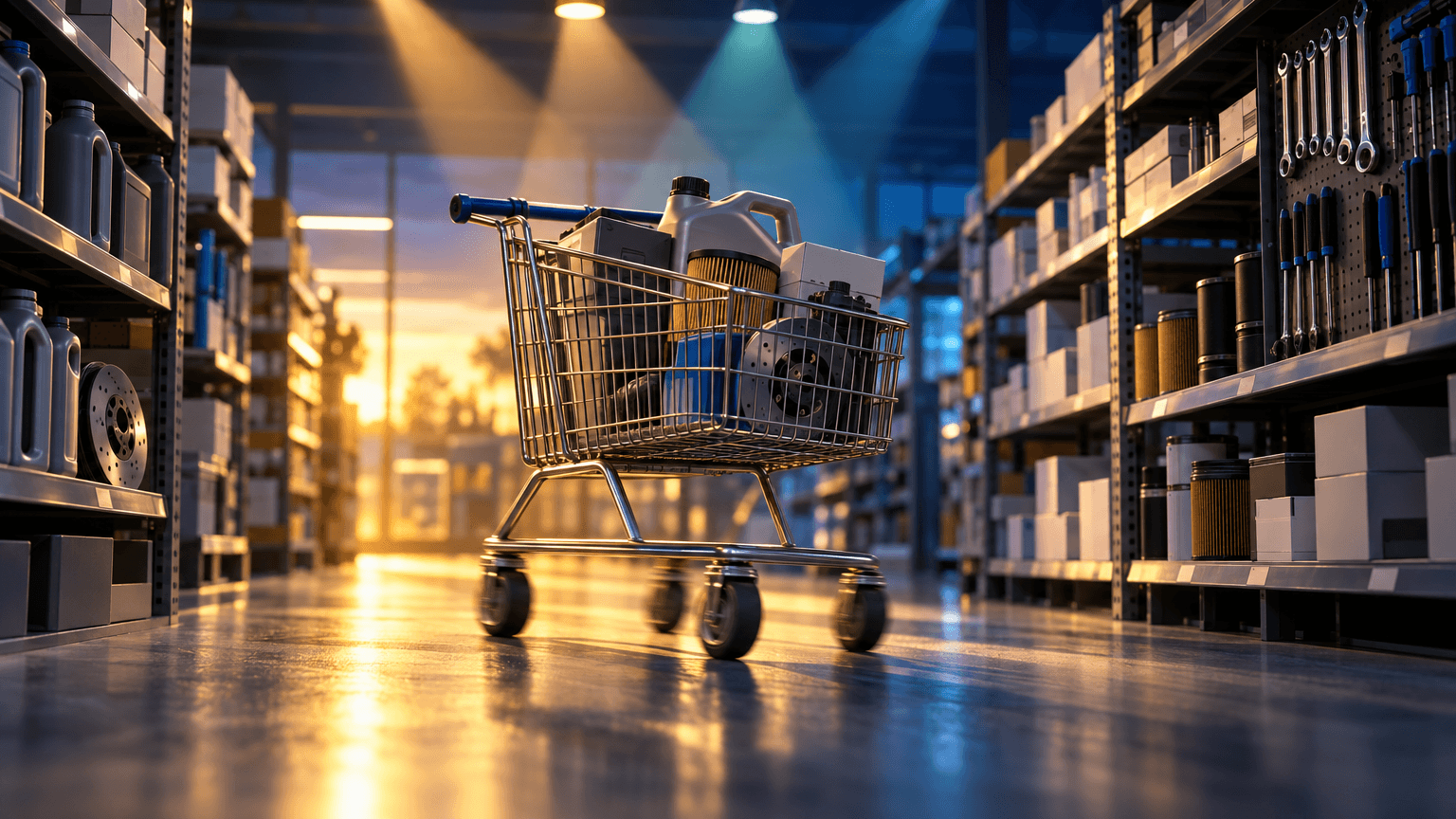 A dimly lit auto-parts store aisle with unbranded shelved products, warm light at one end fading to cool shadow at the other, and a softly lit shopping cart in the foreground suggesting rising momentum.
