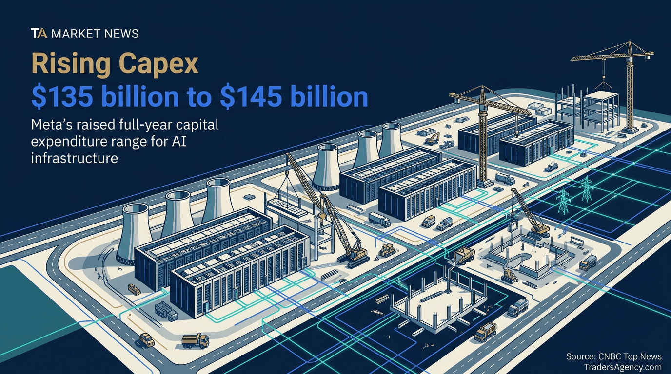 Expanding data-center construction site representing Meta's rising capital expenditure guidance.