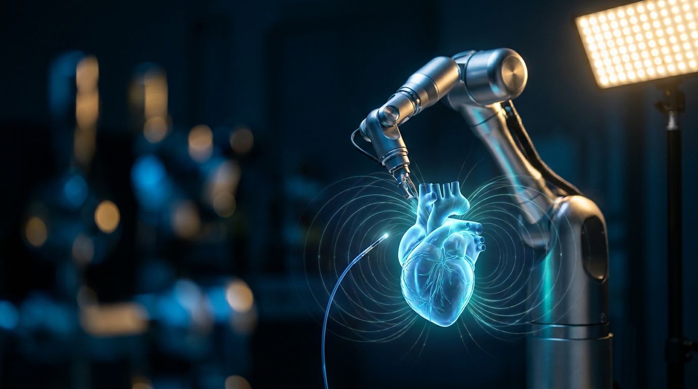 A sleek surgical robot arm hovers precisely over a glowing, translucent 3D model of a human heart, rendered in cool blue and electric teal tones against a dark background.