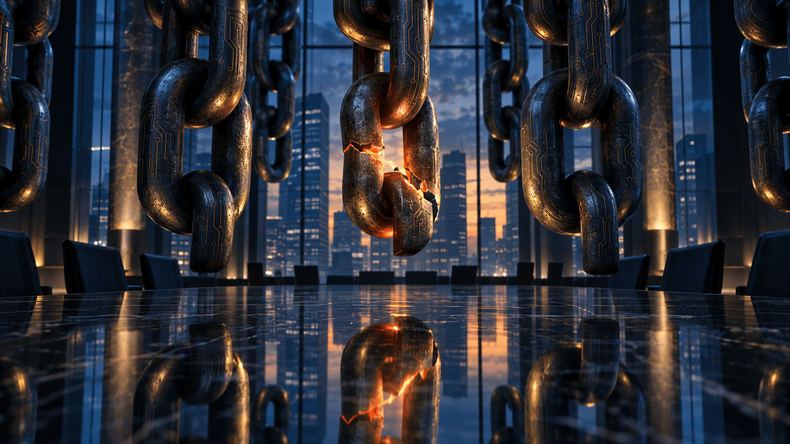 A dim control-room-like space with heavy steel chains hanging from the ceiling, one link glowing under visible stress, reflected on a dark polished table below, evoking hidden financial interconnection and risk.
