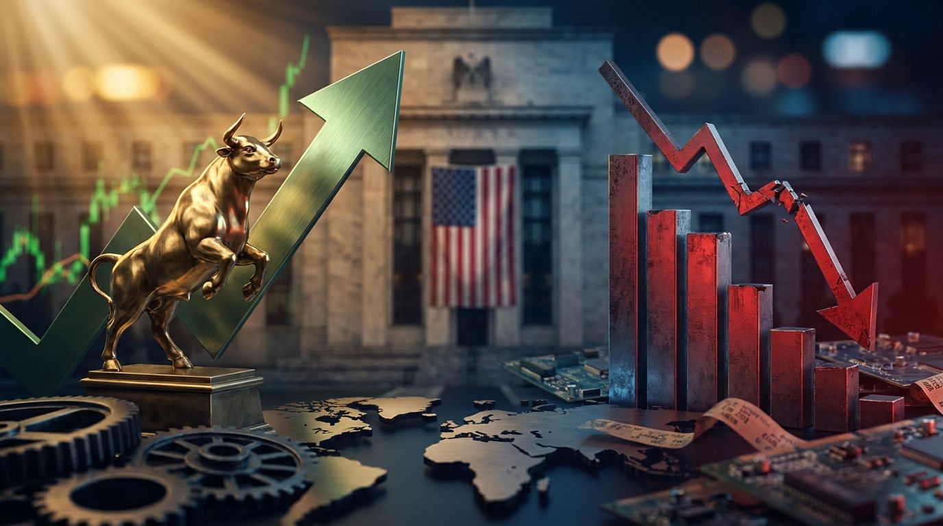 A split-screen visual showing a soaring green arrow or bull charging upward on one side representing the Dow's record high, contrasted against a downward-trending red graph or falling bars on the other side symbolizing the Nasdaq's decline.