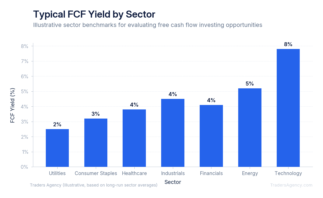 Bar chart showing sector-specific FCF yield benchmarks ranging from 2% for utilities to 8% for technology