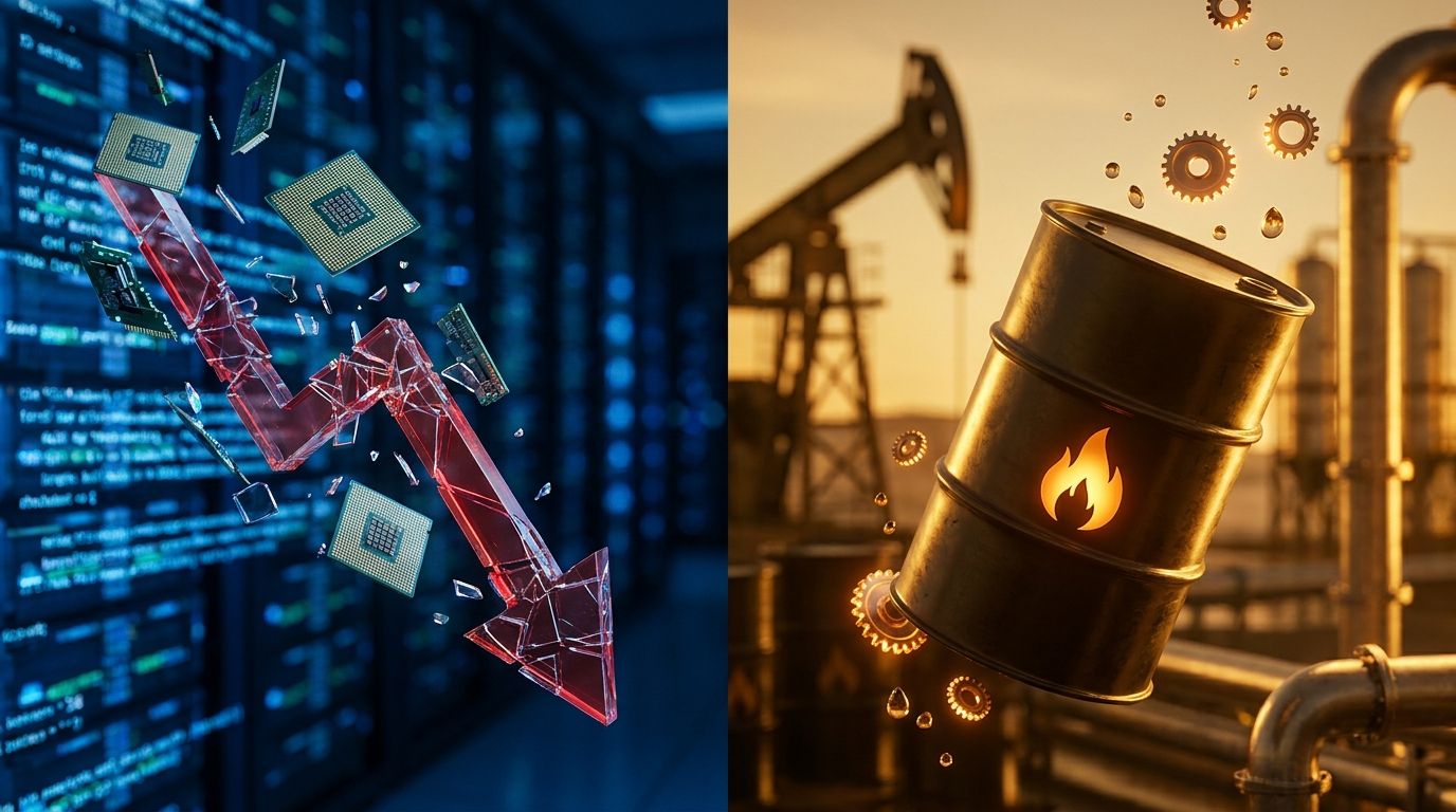 A split-screen composition showing a dramatic downward-plunging stock chart rendered in cold blue tones on one side, contrasting sharply with a bold upward-surging oil barrel or flame graphic in warm amber and red tones on the other.