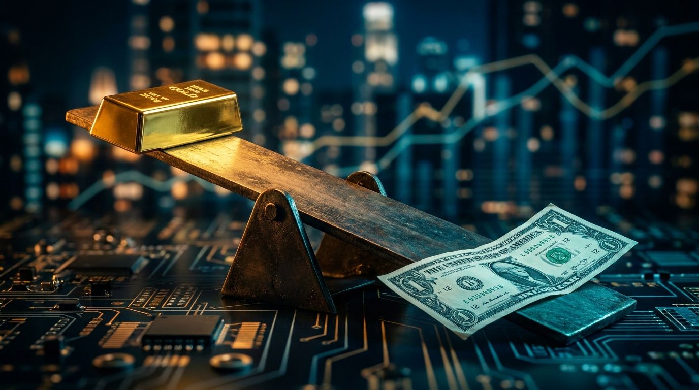 A gleaming gold bar and a U.S. dollar bill face each other on opposite ends of a balanced seesaw or scale, with one side rising as the other falls, set against a dark financial backdrop. The lighting is dramatic and high-contrast, with warm