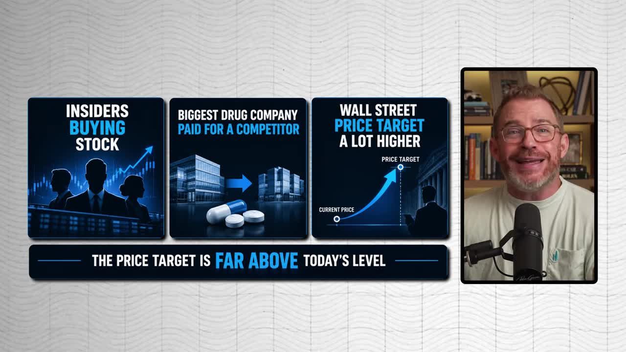 Three summary graphics: insiders buying stock, biggest drug company paid for a competitor, and Wall Street price target set far above current price