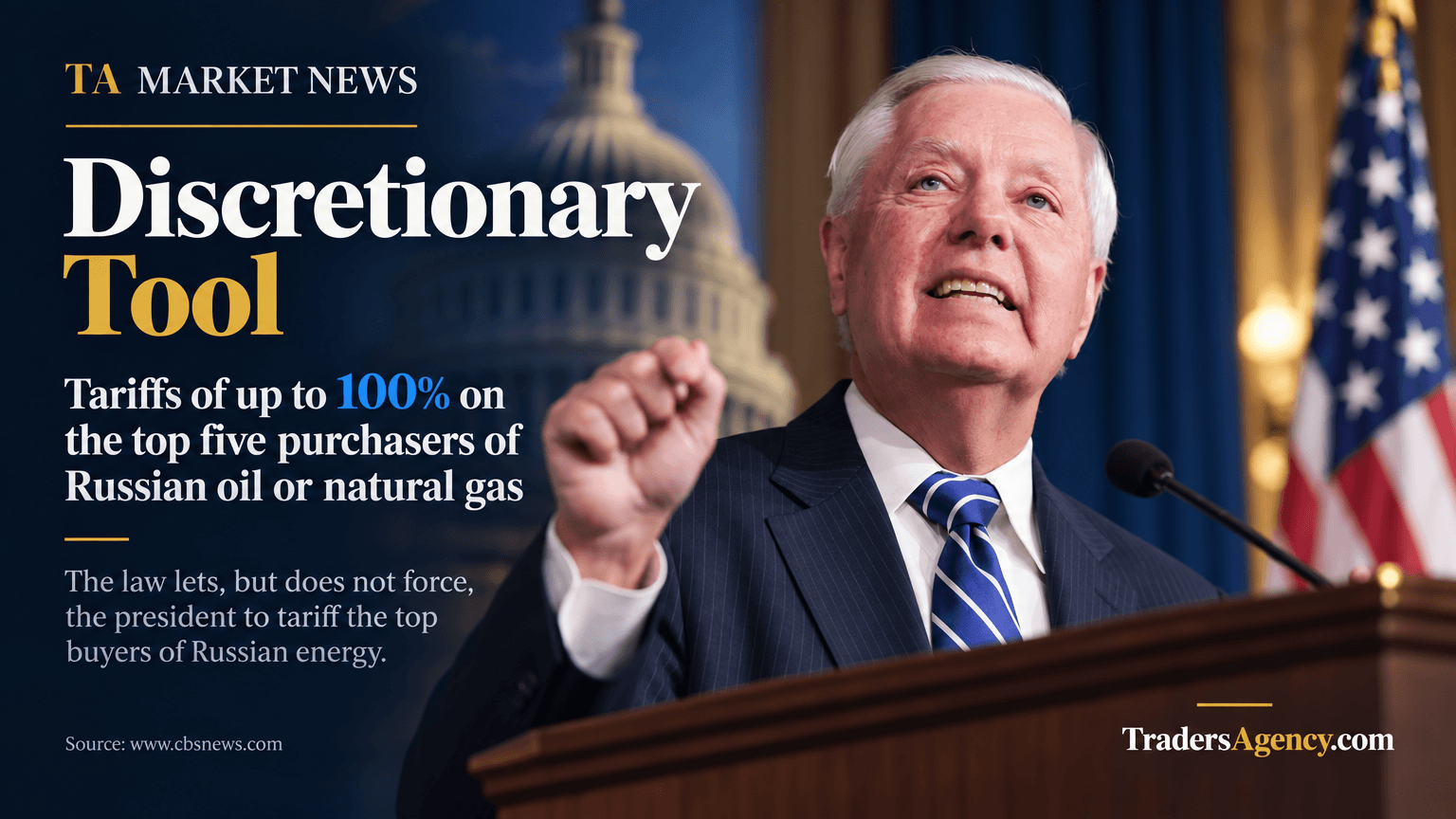 A senator speaks at a Capitol podium, illustrating discretionary tariff authority granted by the sanctions bill.