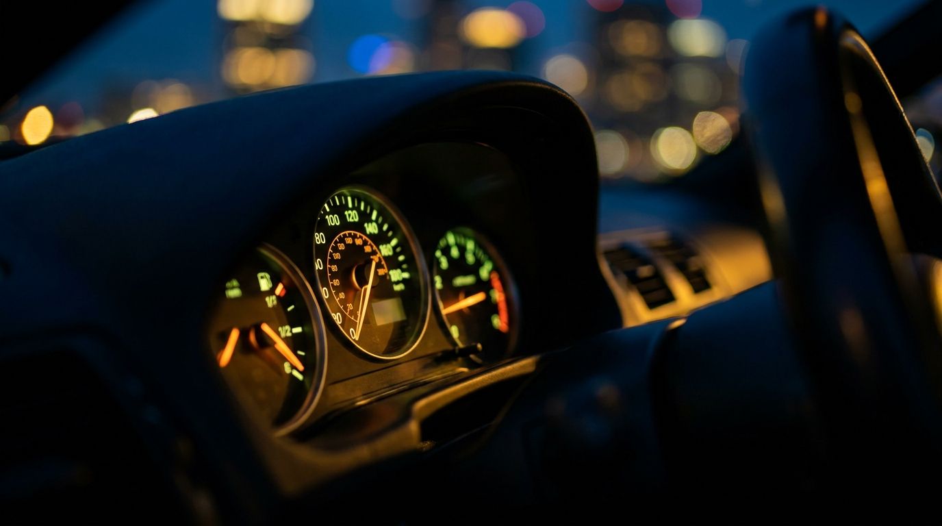 A sleek car dashboard glowing with illuminated gauges and dials fills the frame, with each instrument representing a different risk metric — speedometer, fuel gauge, and acceleration meter all visible at once.
